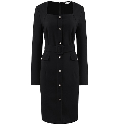 Hobemty Women's Square Neck Long Sleeve Belted Buttoned Work Pencil Dress - image 1 of 4