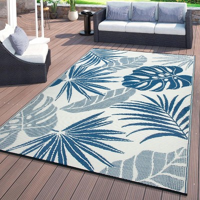 Blue Floral Reversible Synthetic 5' x 7' Outdoor Rug