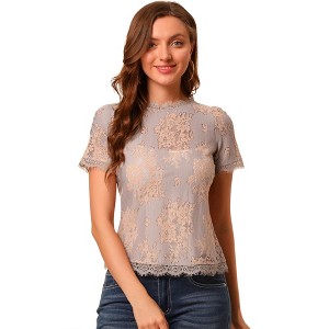 Allegra K Women's Lace Floral Scalloped Trim Short Sleeve Semi Sheer Top - 1 of 4