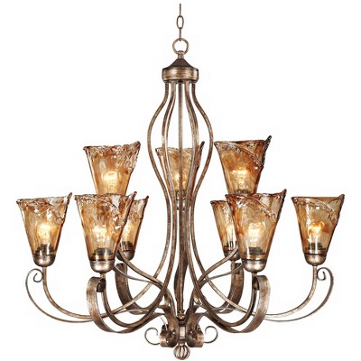 Franklin Iron Works Golden Bronze Silver Large Chandelier 35 1/2" Wide Scroll Amber Art Glass 9-Light Fixture for Dining Room