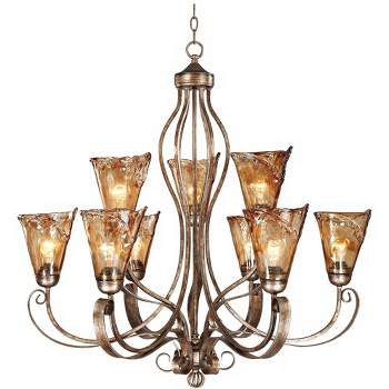 Franklin Iron Works Amber Scroll Golden Bronze Large Chandelier 35 1/2" Wide Rustic Art Glass 9-Light Fixture for Dining Room House Kitchen Island
