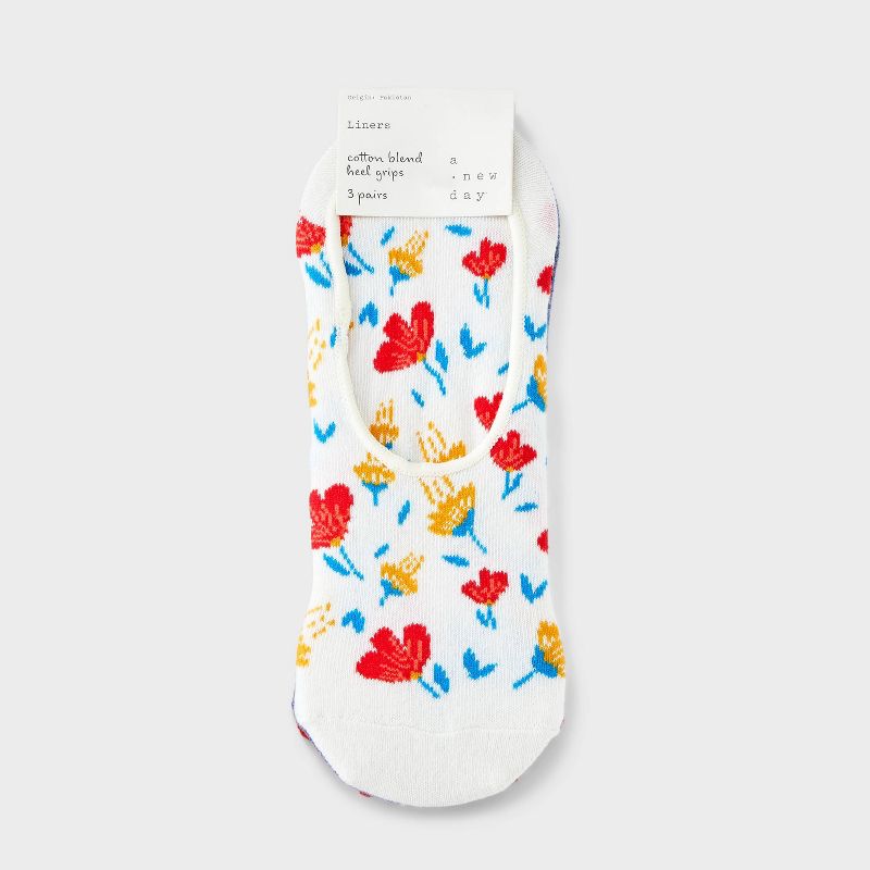 Women&#39;s 3pk Fluttering Floral Print Liner Socks - A New Day&#8482; Ivory/Denim/Orange 4-10, 3 of 5