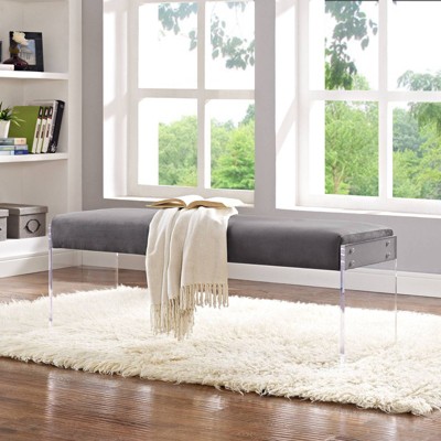 Roam Velvet Bench Gray - Modway: Acrylic Legs, Stain-Resistant, Minimalist Design, 440lb Capacity