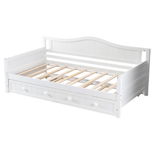 ELJGET Twin Size Daybed with Pull-Out Trundle, Solid Wood Frame, Built-In Headboard & Armrests, Space-Saving Guest Bed for Bedroom, White - 1 of 4