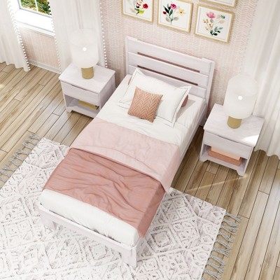 White Wash Twin Pine Platform Bed with Plank Headboard