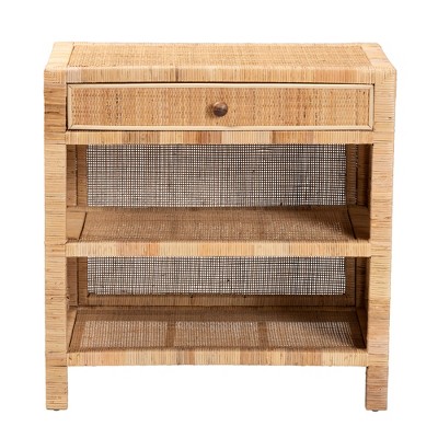Bella Natural Brown Mahogany Wood and Rattan 1-Drawer Console Table