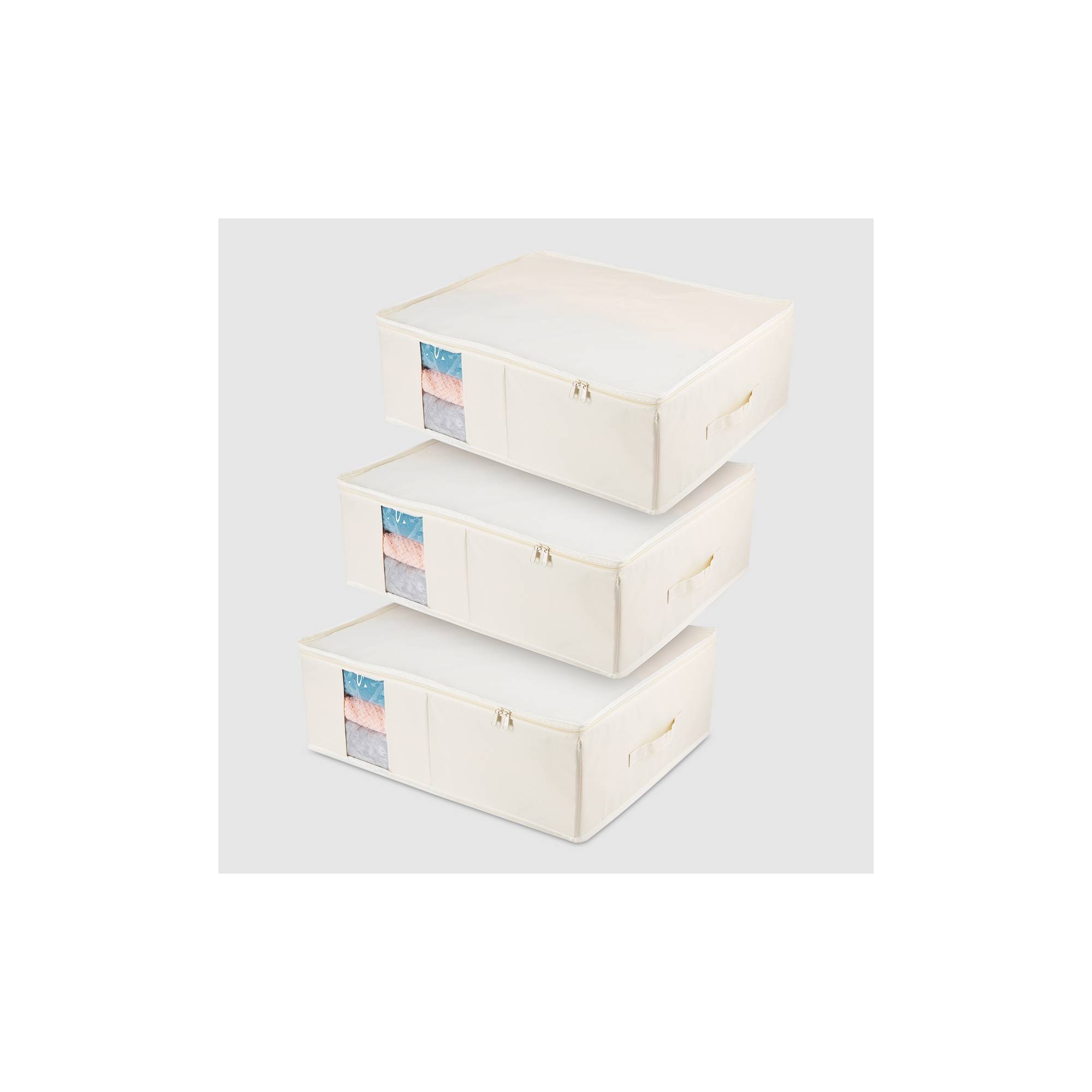 VUSIGN 3pk Under Bed Zippered Storage with Window Light Beige