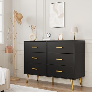 6 Drawer Dresser, Modern Wooden Dresser with Gold Handles and Storage Space, Chest of Drawers for Bedroom, Hallway, Living Room and Entryway - 1 of 4