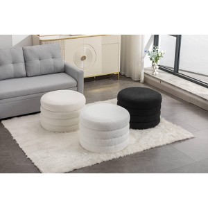 CAVINAS Round Boucle Fabric Storage Ottoman Bench with Wooden Shelving,Upholstered Storage Ottoman,Storage Bench for Living Room,Bedroom - 1 of 4