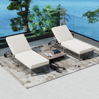 Adjustable 5-Position Rattan Outdoor Lounge Chair with Wheels, Cushions, Weather-Resistant Frame for Patio & Pool -Coolbibila