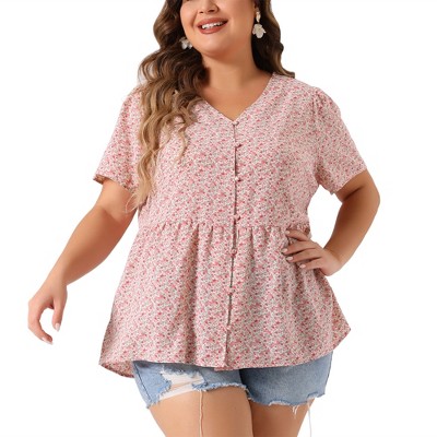 Agnes Orinda Women's Plus Size Floral V Neck Ruffle Hem Button Short Sleeve Peplum Blouses