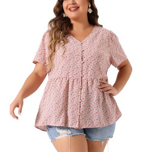 Agnes Orinda Women's Plus Size Floral V Neck Ruffle Hem Button Short Sleeve Peplum Blouses - 1 of 4