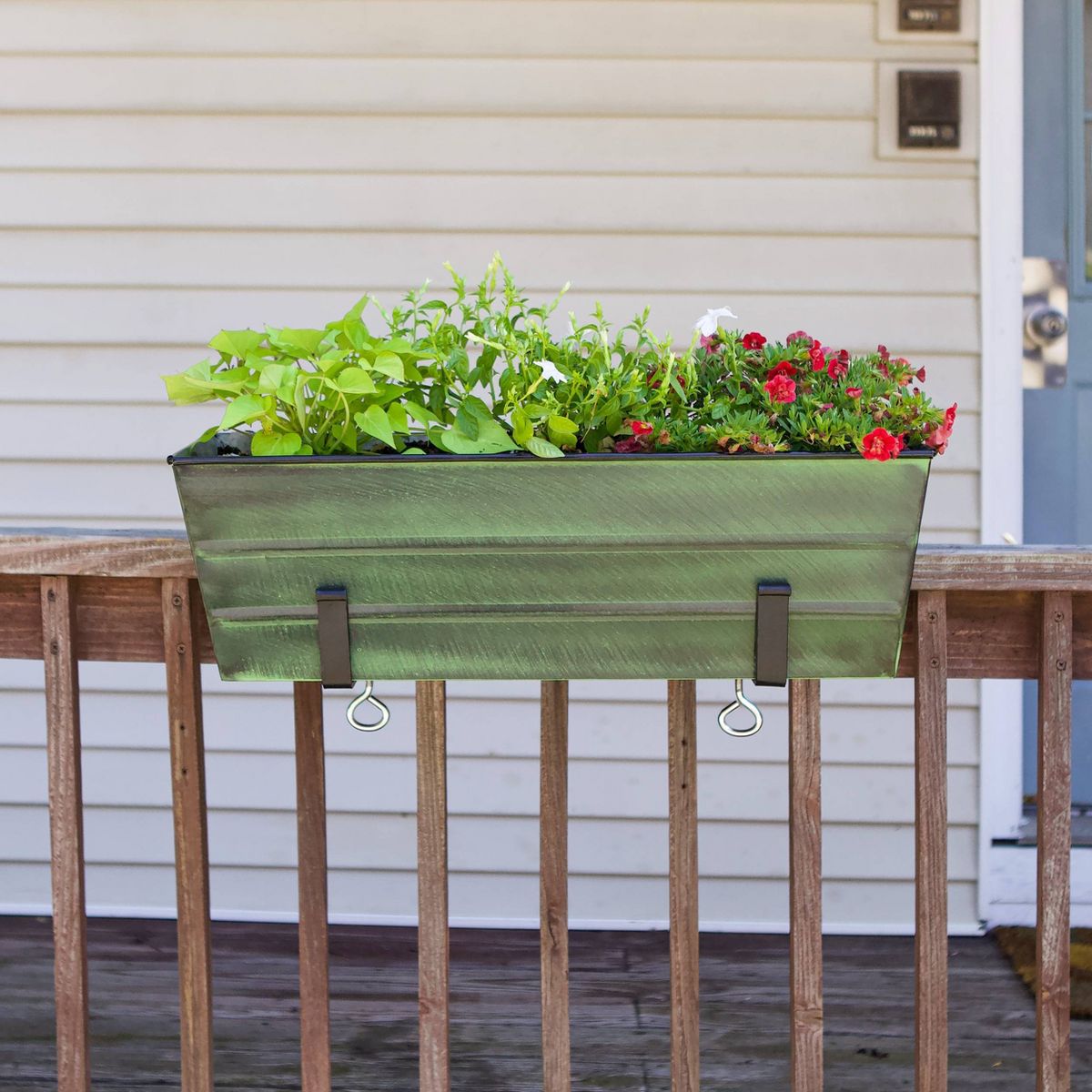 ACHLA Designs 24" Wide Rectangular Flower Box Galvanized Steel with Black Wrought Iron Clamp-On Brackets Green Patina - thumbnail 6
