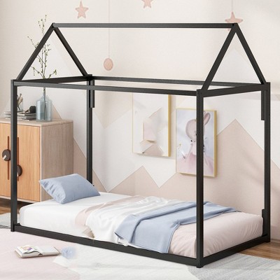 Twin Size Floor Bed For Kids, Floor Bed With Roof, House Bed For Boys Girls, Metal House Shape Platform Bed Twin Single Bed