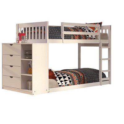 Donco Kids Moby Mission Twin Over Twin White Bunkbed With 4 Drawer Dresser & Shelves