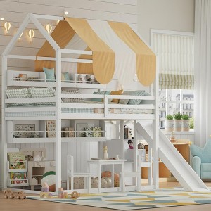 Polibi Full Size House Loft Bed with Slide, Shelves & Canopy - 1 of 4