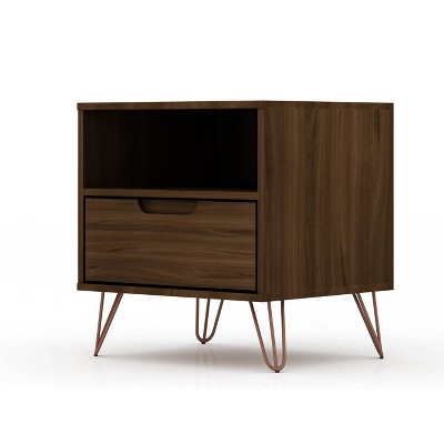 Mid-Century Modern Brown Nightstand with Metal Splayed Legs
