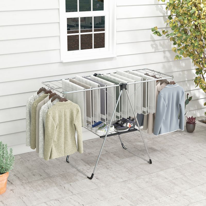 Collapsible Clothes Drying Rack 2-Level Folding Aluminum Drying Rack w/ Height-Adjustable Wings Bottom Shoe Rack, 3 of 10