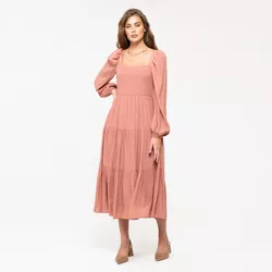 August Sky Women's Long Sleeve Smocked Midi Dress RDM2046_Rose_Small