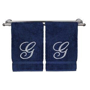 BC BARE COTTON Monogrammed Hand Towel, 100% Turkish Cotton - Set of 2 - Navy - Silver Script - 1 of 1