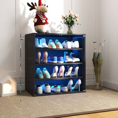 Shoe Storage Boxes Stackable With RGB LED Light, Wooden Space Saving Shoe Boxes With Clear Glass Door
