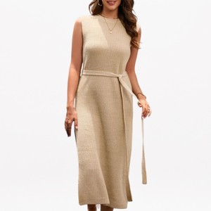 beige dress casual YESFASHION Womens Sleeveless Crewneck Knit Sweater Midi Belted Side Slit Straight Fit Ribbed Sleeveless Sundress,Beige,Medium : Target beige dress what color shoes