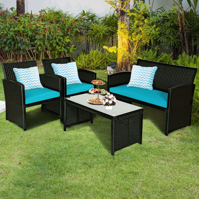 Tangkula 4 Piece Outdoor Patio Rattan Furniture Set Turquoise Cushioned Seat For Garden, Porch, Lawn, 3 of 9