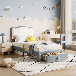 Upholstered Bed Frame for Kids with Storage Drawer and Scallop Headboard, No Box Spring Needed - 1 of 4