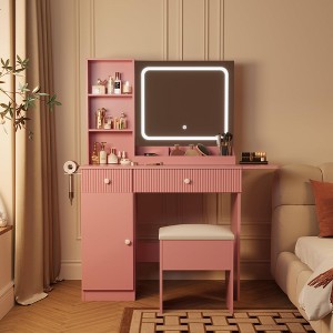 Vanity Desk with Mirror and Lights, Makeup Vanity Table with 3 Lighting Modes, Storage Stool, Bedroom Vanity Set with Storage Shelves - 1 of 4