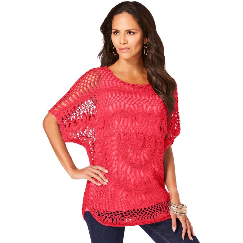 Roaman's Women's Plus Size Pullover Crochet Sweater, 1 of 2
