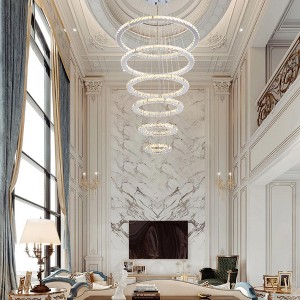 Siljoy Modern Crystal Chandeliers for High Ceilings, Led Pendant Light Fixture 3 Colors Adjustable, Gold Chandelier for Foyer Staircase - 1 of 4