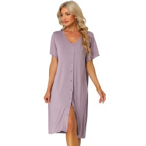cheibear Women's Nightgown Button Down Short Sleeve Soft Modal Loose Pajama Sleepshirt - 1 of 4