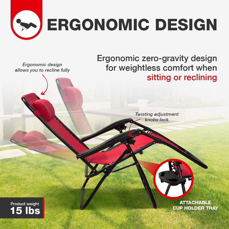 Elevon Adjustable Zero Gravity Recliner Lounge Chair with Cup Holder for Outdoor Deck, Patio, Beach or Bonfire, Weight Capacity 300 Pounds, Burgundy, 3 of 7