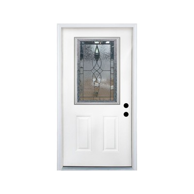 36 X 80 Inches Fiberglass Entry Door,Vinyl Frame,Decorative Glass Door,Primed Knock-Down,with Brickmould,Right Hand Inswing Door