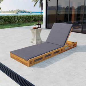 Patio Slatted Ergonomic Chaise Lounge, Chaise Lounge with Adjustable Backrest, Acacia Wood Frame Chaise Lounge with Cushion-Coolbibila - 1 of 4