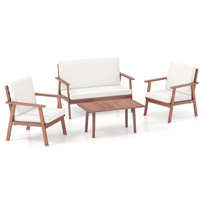 Tangkula 4PCS Conversation Set Acacia Wood Sofa Coffee Table w/ Cushioned Seat Patio