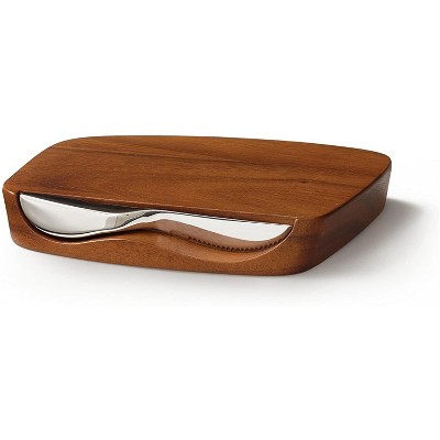nambe Blend Bar Board with Knife, 9-Inch Board, 7-Inch Knife, Made of Acacia Wood and Stainless Steel, Ideal for Prep and Serving