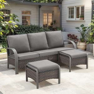 POCASSY 3 PCS Patio Sofa Set with Ottoman, Patio Furniture Set with Metal Armrest, All Weather Wicker and Olefin Cushion Cover, High Back Sofa Couch - 1 of 4