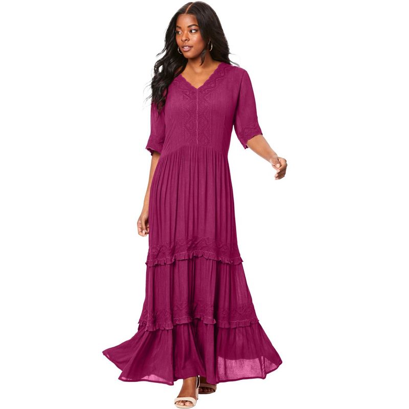 Roaman's Women's Plus Size Lace Crinkle Maxi Dress, 1 of 2
