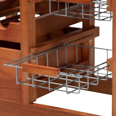 Crayton Oak Brown and Silver Mobile Kitchen Cart with Wine Storage