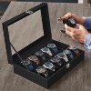 Premium 12-Slot Watch Box, Large Glass Lid, Removable Pillows, Black Synthetic Leather Organizer with Black Lining - Ideal Gift for Watch Enthusiasts - 2 of 4