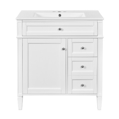 Vynxaria 30 inch White Single Sink Freestanding Bath Vanity with White Ceramic Top Two Drawers One Tip Out Drawer One Soft Close Door Adjustable Shelf