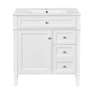 Vynxaria 30 inch White Single Sink Freestanding Bath Vanity with White Ceramic Top Two Drawers One Tip Out Drawer One Soft Close Door Adjustable Shelf - 1 of 4