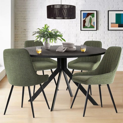 43 Jones Solid Black Grain Round Dining Table With 4 Upholstered Fabric Tiny Armchairs With Metal Legs The Pop Maison Green