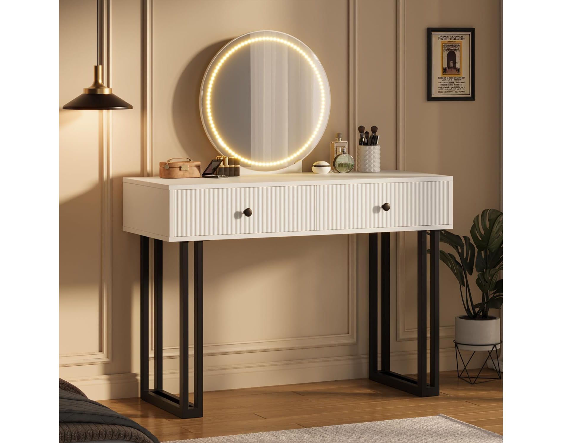 Vanity Desk with Mirror and Lights, Small Makeup Vanity with 2/5 Drawers for Bedroom, Modern Makeup Vanity Organizer with 3 Color Lights