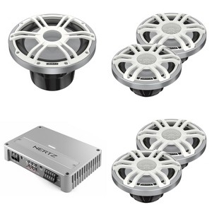 Hertz (2 Pair ) HMX 6.5 S-LD-SW 6 1/2" White/Silver Grill Coaxial Marine Speakers with RGB LEDs, HMS-10-S2-LD-SW 10" Subwoofer and Venezia-Compact-... - 1 of 4