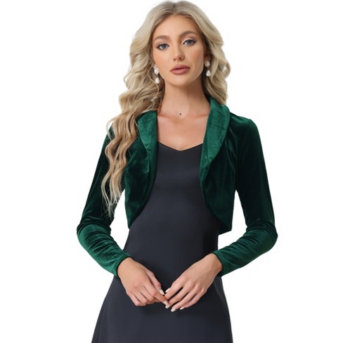 Allegra K Women's Long Sleeve Shrug Top Lapel Collar Velvet Open Front  Cropped Cardigan Dark Green X-small : Target