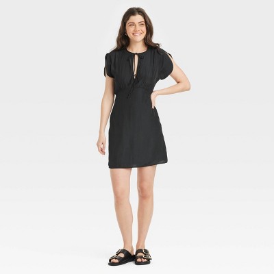 Women's Tie-Front Flutter Short Sleeve Mini A-Line Dress - Universal Thread™ Black XS