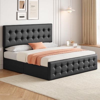 Full Size Bed Frame with 4 Storage Drawers and Headboard, Linen Upholstered Platform Bed Frame with Wooden Slats Support, Button Tufted Design, Grey