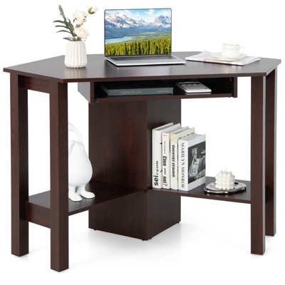 Compact Functional Brown Wood Corner Desk with Keyboard Tray and Drawer